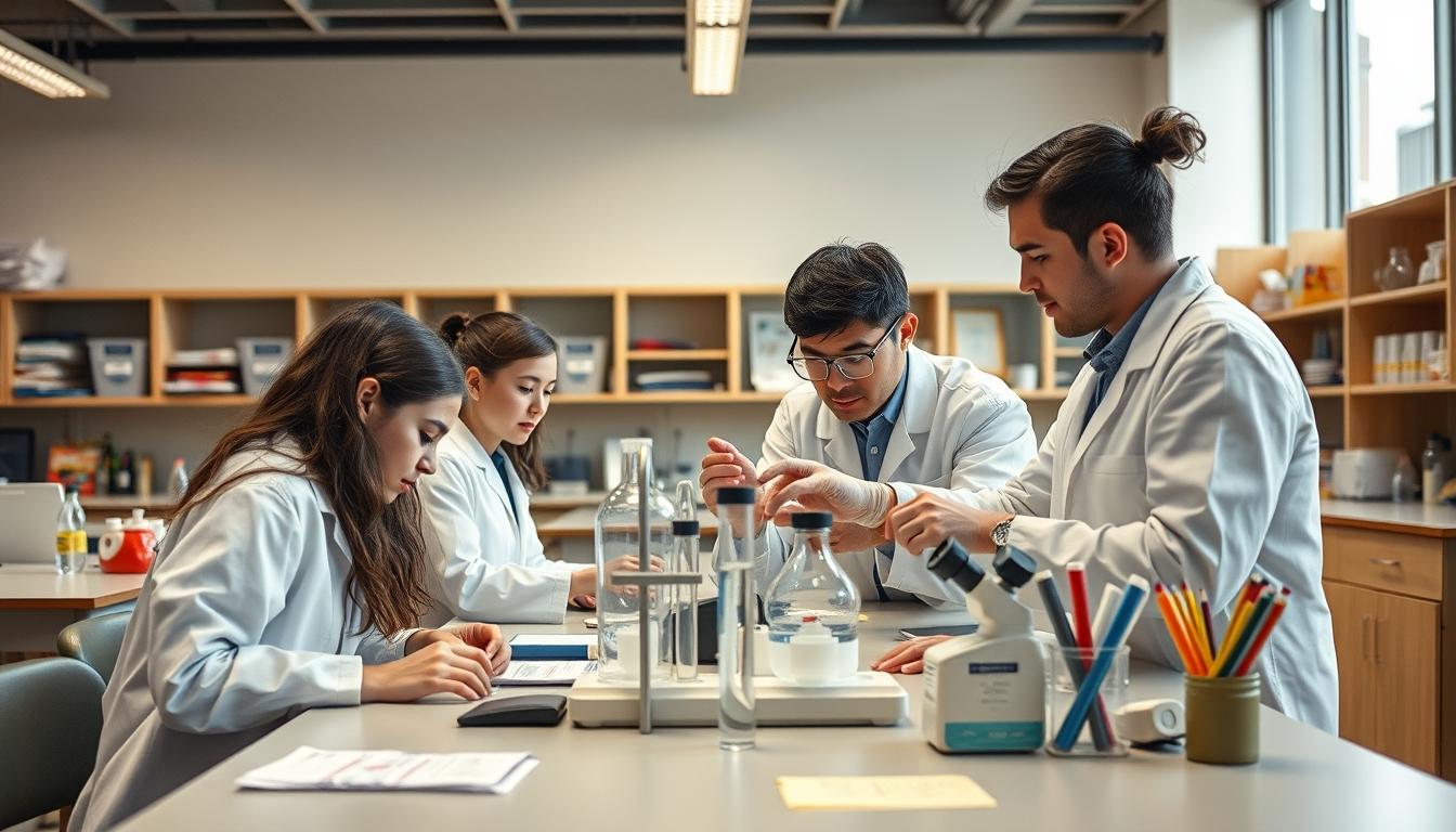 Students studying together in modern classroom